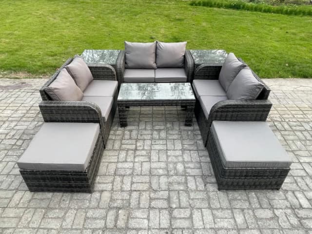 Fimous Outdoor Garden Furniture Sets 8 Seater Wicker Rattan Furniture Sofa Sets with Rectangular Coffee Table Love seat Sofa 2 Big Footstool Dark Grey