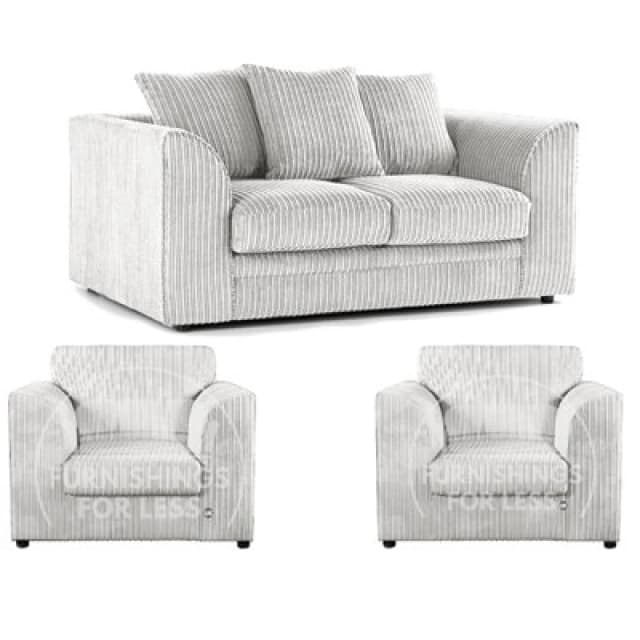 Furnishings For Less UK Luxor Jumbo Cord 2 + 1 + 1 Fabric 3 Piece Sofa Suite - Scatter Back Silver