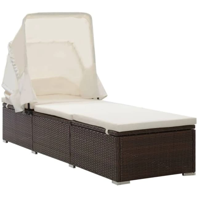 VIDAXL Sun Lounger with Canopy and Cushion Poly Rattan Brown Vidaxl 8720286663653