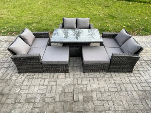 Fimous 8 Seater Wicker Rattan Garden Furniture Rising Table Set with 2 Big Footstool Double Seat Sofa Dark Grey Mixed Dark Grey Unisex