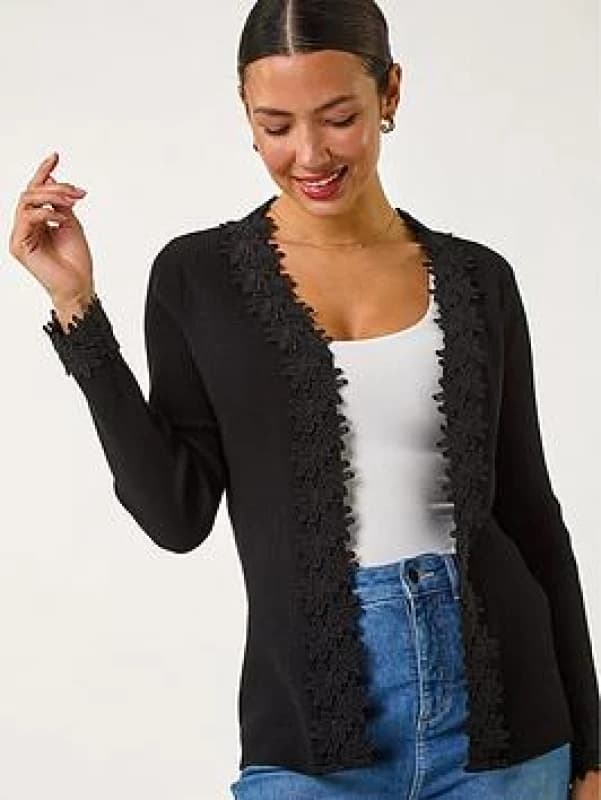 Roman Lace Trim Knit Cardigan Black