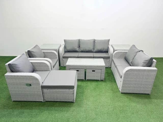 Fimous PE Rattan Garden Furniture Set Adjustable Chair Sofa Double Love Seat 2 Seater Sofa Lounge Set Rectangular Coffee Table 3 Stools 2 Side Table L