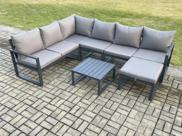 Fimous 7 Seater Aluminium Garden Furniture Set Outdoor Lounge Corner Sofa Square Coffee Table Sets with Big Footstool Dark Grey Dark Grey Unisex
