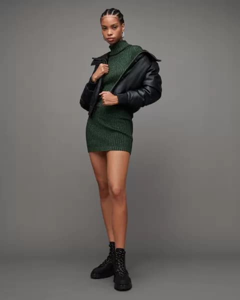 AllSaints Juliette Roll Neck Metallic Mini Dress
