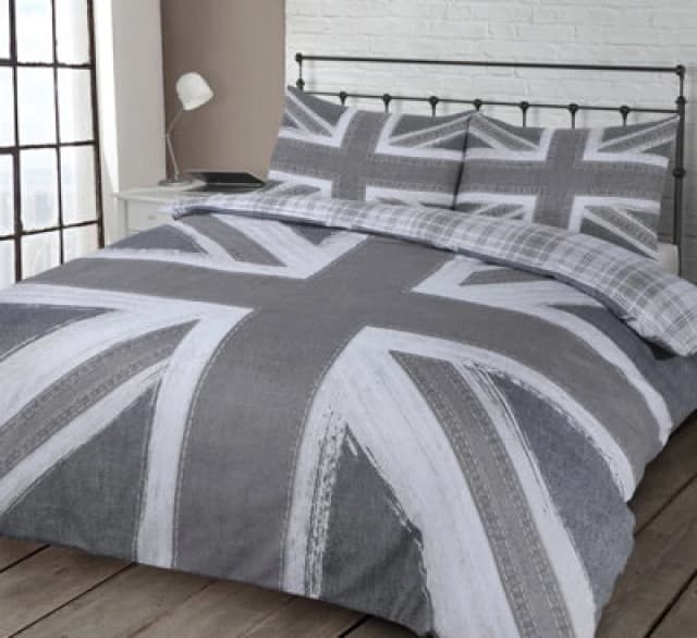 Velosso Union Jack Design Duvet Cover & Pillowcase Set, British Flag, Easy Care Bedding With Button Enclosure, Modern Print - Grey