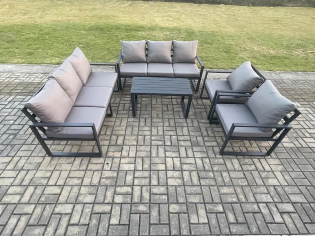 Fimous Aluminium 5 Pieces Garden Furniture Set with Cushions 8 Seater Outdoor Patio Lounge Sofa Set with 2 Armchairs Dark Grey Dark Grey Unisex