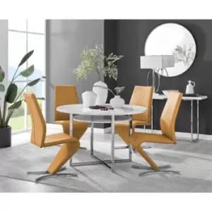 Furniturebox Adley White High Gloss 120cm Storage Dining Table & 4 Mustard Willow Silver Feet Faux Leather Chairs