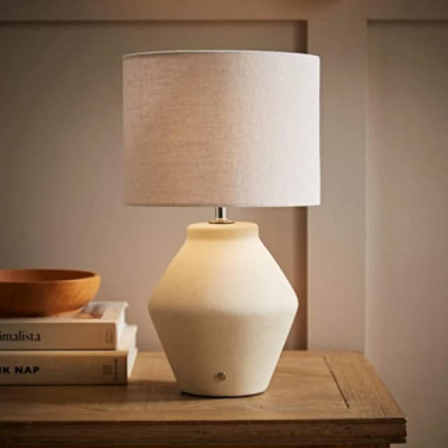 ValueLights ValueLights Finn Cream Ceramic Rechargeable Table Lamp with Linen Drum Shade Cream One Size Unisex 5016529272823