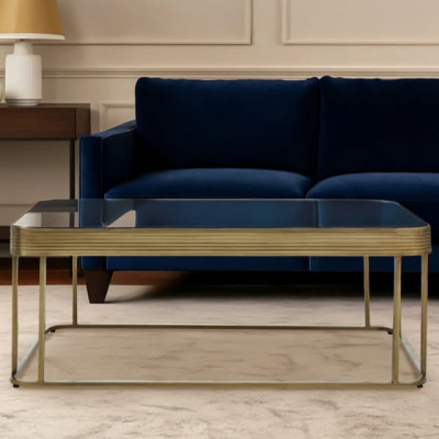Orsina Mirrored Glass Top Coffee Table, Gold Finish Stainless Steel Frame With Decorative Textured Border