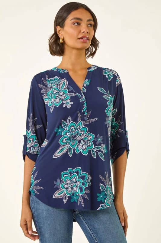 Roman Womens Floral Puff Print Stretch Shirt in Dark Navy Size: 20 Dark Navy Female 20