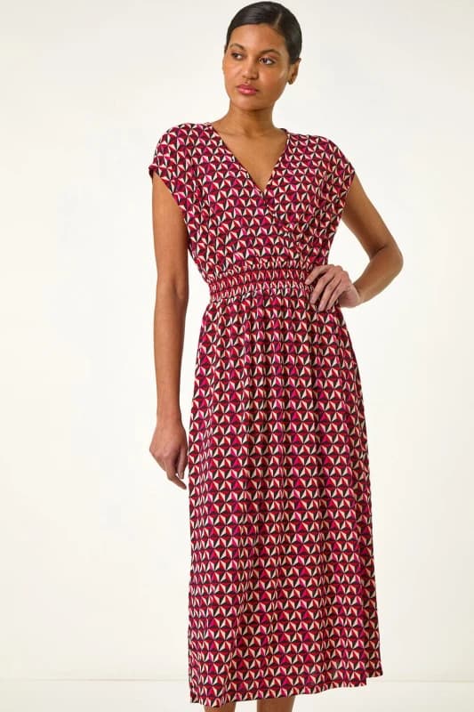 Roman Womens Geo Print V-Neck Stretch Midi Dress in Red Size: 18 Red Female 18