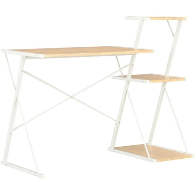 vidaXL Computer Desk with 3 Tier Bookcase X-Shape Legs White and Oak PC Desk