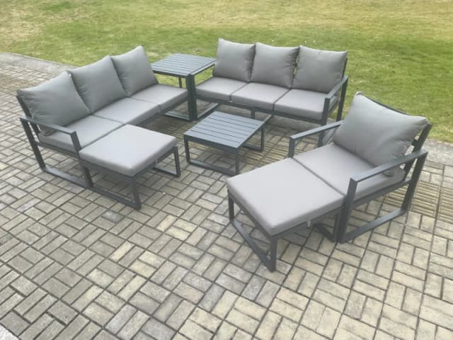 Fimous Aluminium Outdoor Lounge Sofa Set Garden Furniture Sets with Square Coffee Table Chair 2 Big Footstools Side Table Dark Grey Dark Grey Unisex