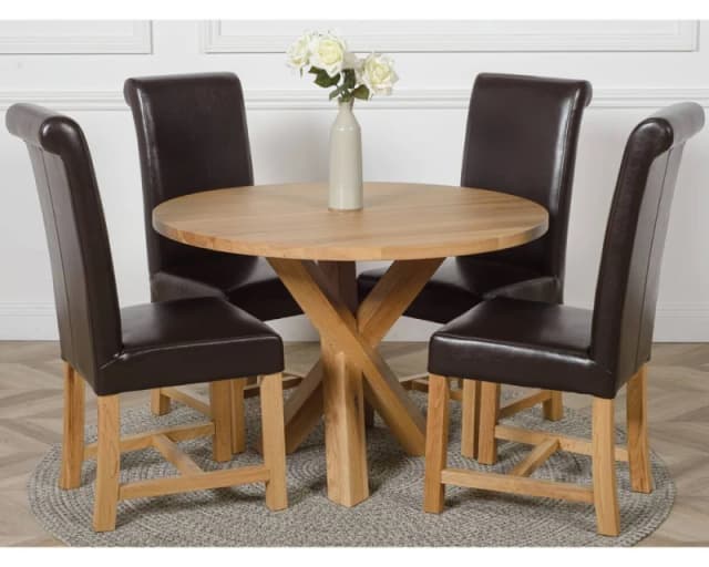 Thats Furniture Oregon Round Oak Dining Table & 4 Washington Leather Chairs in Brown Brown Unisex