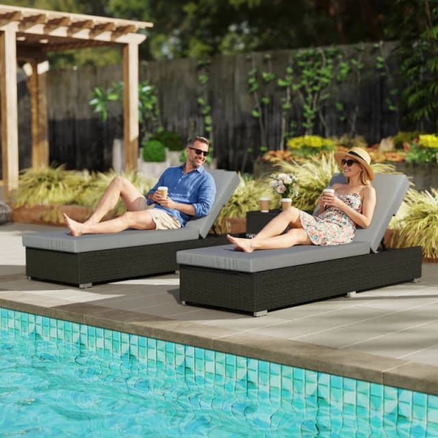 OUTSUNNY Rattan Sun Loungers Set of 2 with Side Table, Dark Grey Size: 180cm x 60cm Dark Grey Unisex 180cm x 60 cm