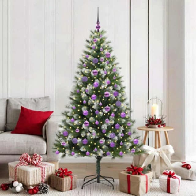 vidaXL Artificial Hinged Christmas Tree with Lilac Balls Flocked Snow 180 cm, Green 3395448
