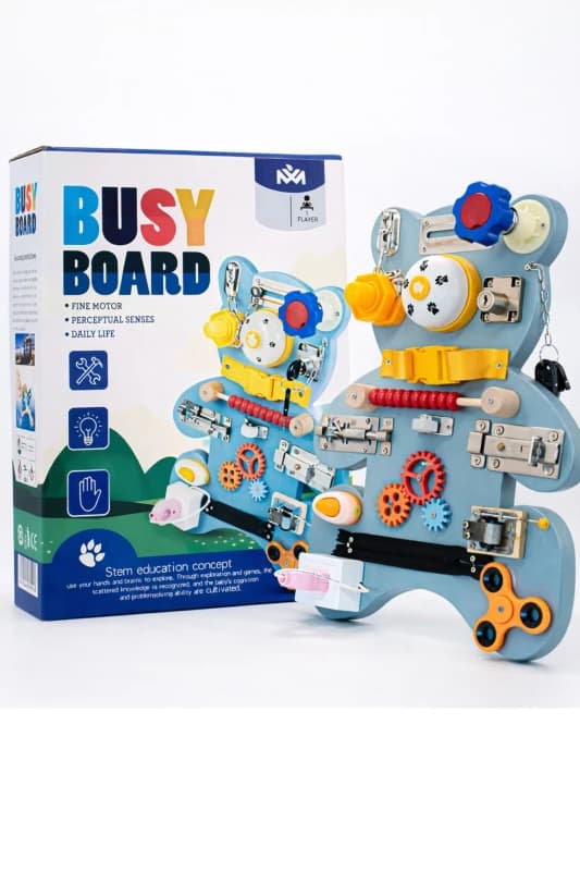Dyzi Montessori Busy Board Bear Sensory Toy Learning Motor Skills Activity Turquoise