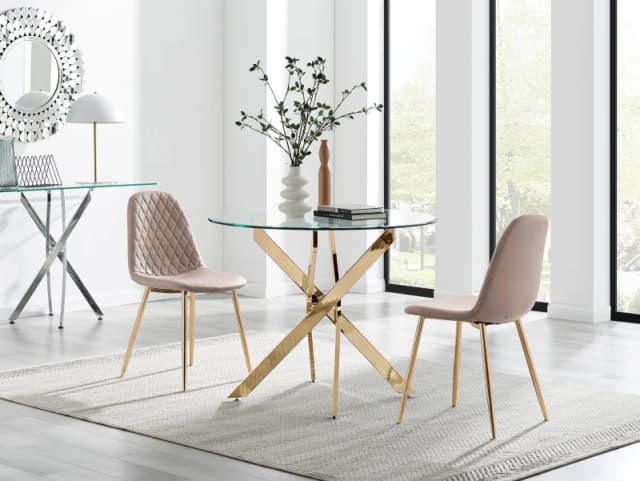 FurnitureboxUK FurnitureboxUK Novara 100cm Round Gold Leg Dining Table & 2 Corona Gold Chairs in Beige Beige One Size Unisex 5056784304693