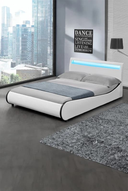 Slumberworx Orion LED Lights Headboard Faux Leather Double Bed Frame (white With Black), White 5.05574E+12