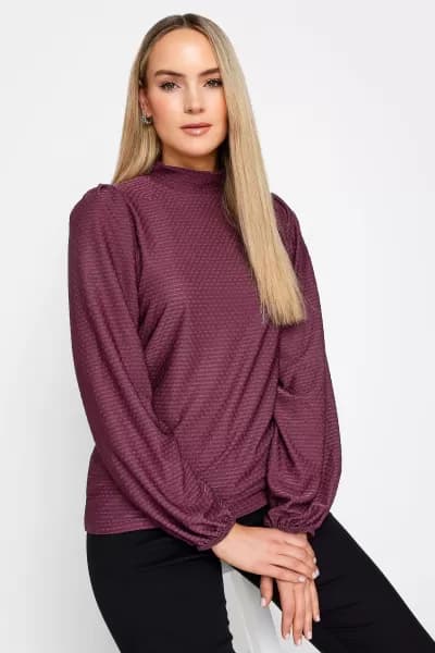 Long Tall Sally Berry High Neck Textured Top