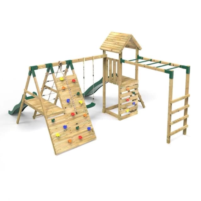 Rebo Wooden Climbing Frame with Swing, Climbing Wall, Monkey Bars and Two Slides - Brecon Green Green