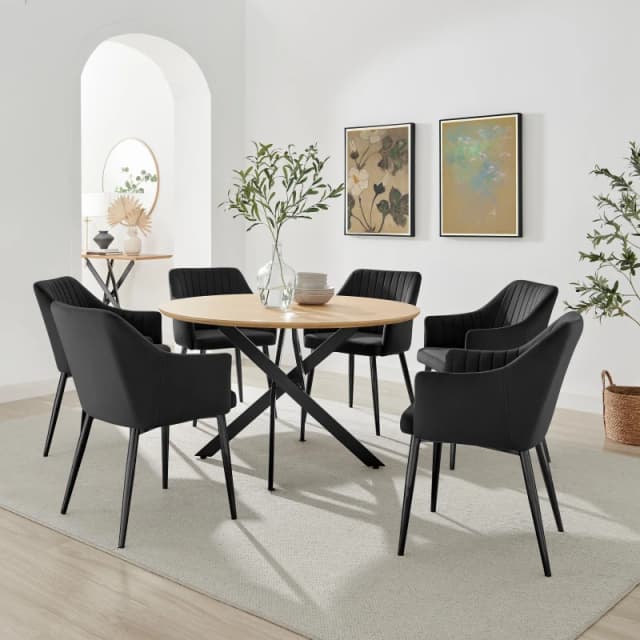 FurnitureboxUK FurnitureboxUK Novara 120cm Oak Effect Dining Table & 6 Calla Black Velvet Chairs Black One Size Unisex 5056784315316