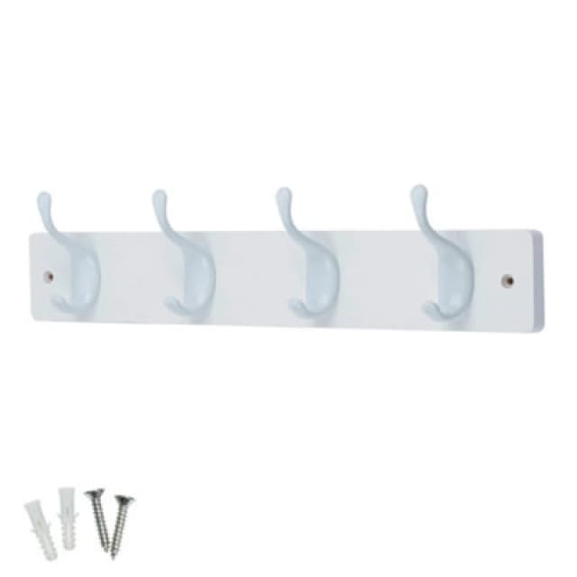 Keypak 4 White Coat Hooks On White Wooden Board - 46Cm Modern Wall Mounted Coat Rack Clothes Hanger