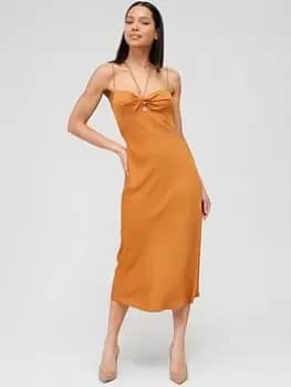 Calvin Klein Micro Strap Twist Front Slip Dress - Brown, Size 40, Women