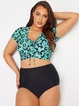 Yours Clothing Leopard Print Bikini Crop Top - Turquoise Blue, Green, Size 20, Women