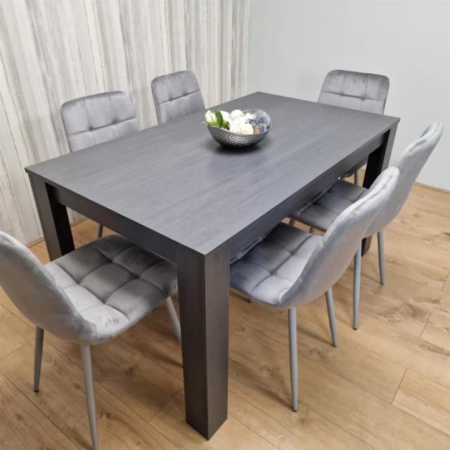 KOSY KOALA Kosy Koala - Dining Table and 6 Chairs Black Dark Grey 6 Grey Velvet Chairs Wood Dining Set Furniture Arrow Charcoal 140 + 6 Grey Rocco