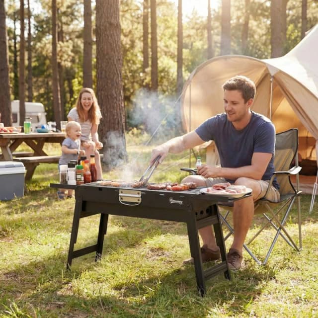 OUTSUNNY BBQ Grill, Charcoal Barbecue with 2 Side Shelves & Handle, Black Unisex