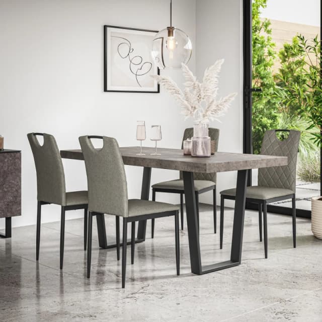 More4Homes Aria Dining Table And Chairs - Concrete Effect Table Top W Black Legs + Monza Linen Dining Chair Set Of 4 (Grey)