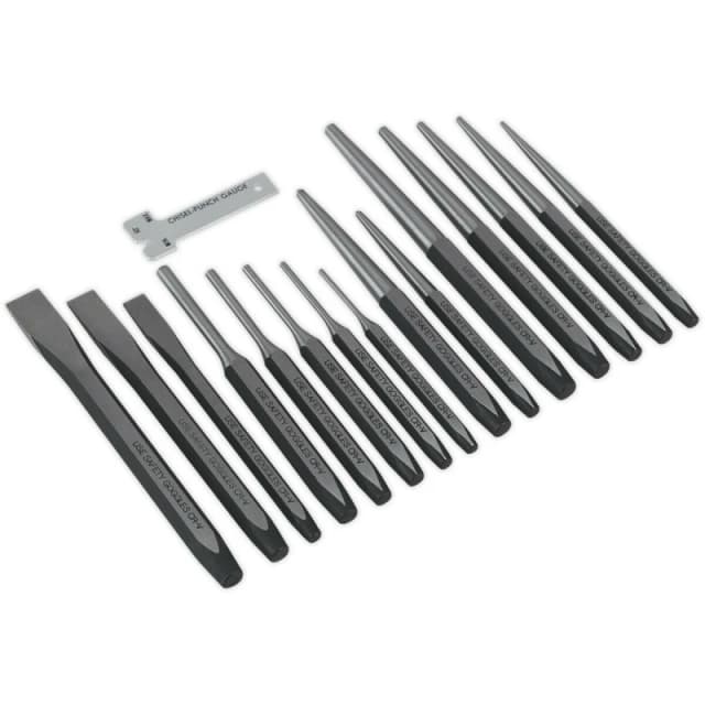 Loops 16 Piece Steel Punch & Chisel Set - Hardened & Tempered - Sharpening Gauge Metallics