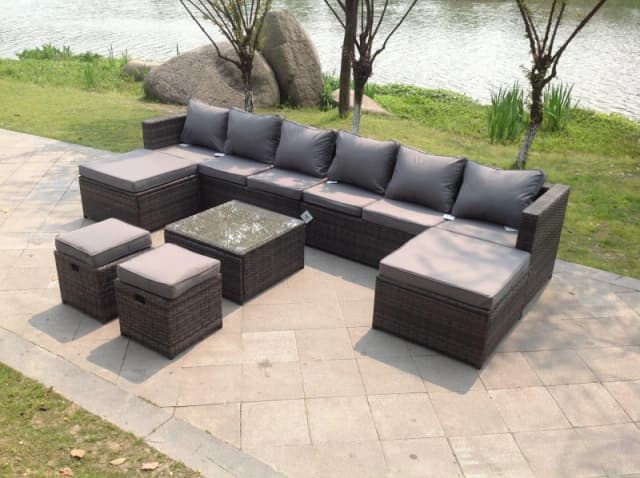 Fimous Lounge Couch Rattan Corner Sofa Set Coffee Table Stools Garden Furniture Outdoor Light Grey