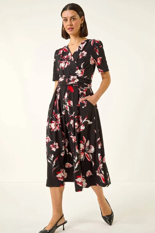 Roman Womens Floral Wrap Midi Dress in Black Size: 10 Black Female 10
