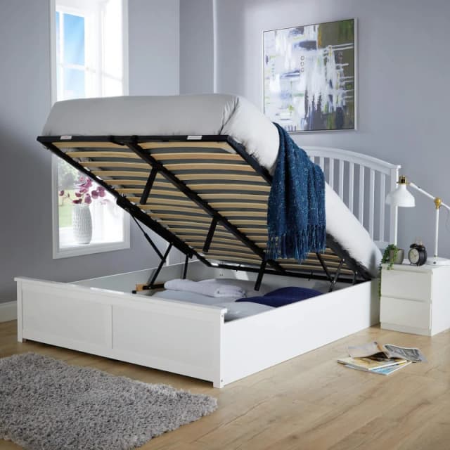 HOME SOURCE White King Ottoman Bed Frame with Storage Space Upholstered Fabric Modern Style BEDMADOTK