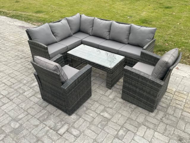 Fimous 8 Seater Outdoor Rattan Garden Furniture Set Corner Sofa Oblong Coffee Table Sets with Patio 2 Armchairs Dark Grey Mixed Dark Grey Unisex