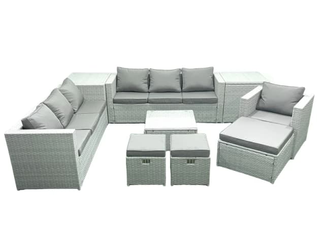 Fimous Wicker PE Rattan Sofa Garden Furniture Set with Armchair Square Coffee Table 3 Footstools 2 Side Tables Light Grey Mixed Light Grey