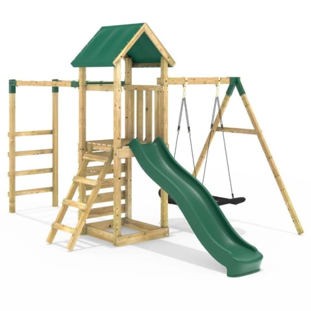 Rebo Wooden Climbing Frame with Single Swing, Monkey Bars and Slide - Cook Green Green