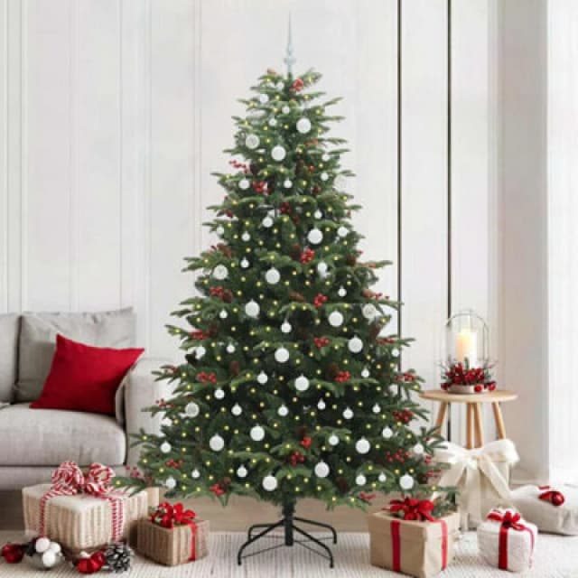 vidaXL Artificial Christmas Tree with LED Strip Lights, White Balls Green 210 cm, Green 3395562