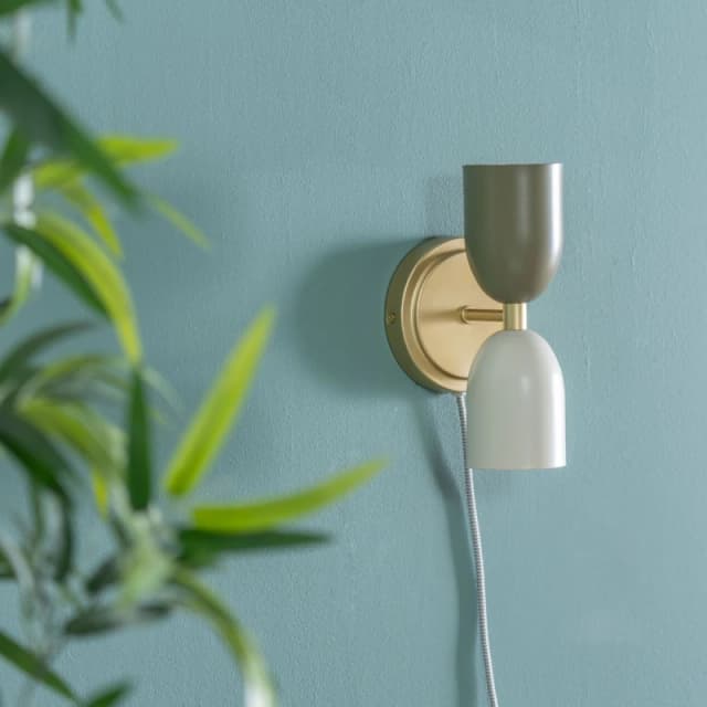 ValueLights Pair of - Plug in Gold Up & Down Easy Fit Wall Lights with Khaki / Cream Shades Gold