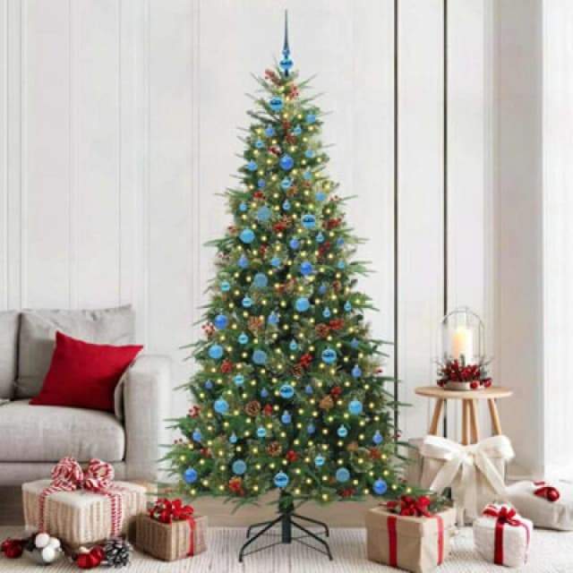 vidaXL Artificial Hinged Christmas Tree with Blue Balls Green 210cm PE and PVC, Green 3397439