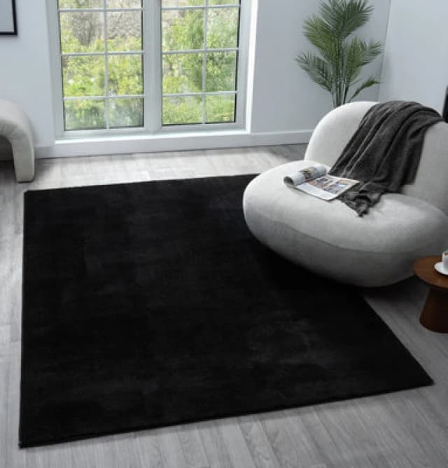 Comfy Washable Low Pile Living Room Area Rug - Anti Slip Felt Backing Black 120Cm X 160Cm