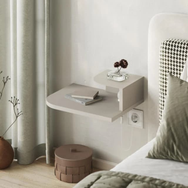 Decortie Floating Bedside Table Modern Corner Design Nightstand 30Cm Wall-Mounted With LED Lamp In 3-Tones For Bedroom, Sandstone