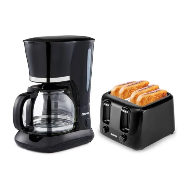 Geepas 1.5L Filter Coffee Machine & 4 Slice Toaster Combo Set in Black Unisex