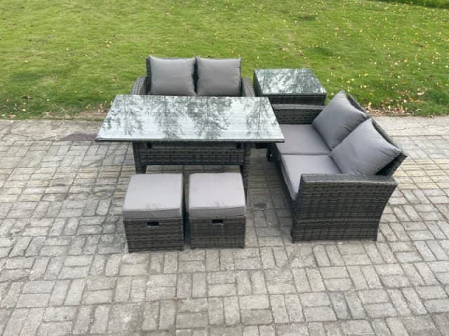Fimous PE Wicker Rattan Garden Furniture Set Love Sofa Outdoor Rectangular Dining Table 2 Small Footstool Side Table Dark Grey Mixed Dark Grey Unisex