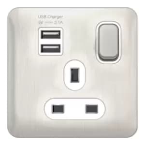 Schneider Electric Lisse Screwless Deco - Switched Single Power Socket, 13A, Single Pole, with 2 USB Charging Ports, 2.1A shared, GGBL30102USBAWSSS, S
