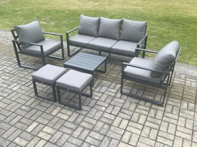 Fimous Aluminium 7 Seater Outdoor Lounge Sofa Set Garden Furniture Sets with Square Coffee Table 2 Chairs 2 Small Footstools Dark Grey Dark Grey Unise
