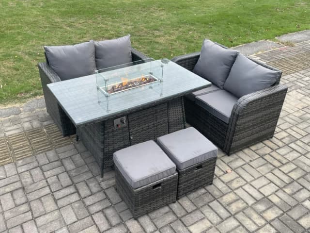 Fimous 6 Seater Rattan Outdoor Garden Furniture Sofa Set Gas Fire Pit Dining Table Gas Heater with Love Sofa 2 Small Footstool Dark Grey