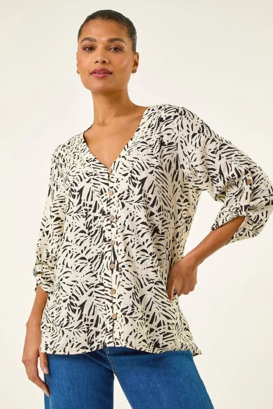 Roman Womens Abstract Print Embellished Button Blouse in Ivory Size: 12 Ivory Female 12